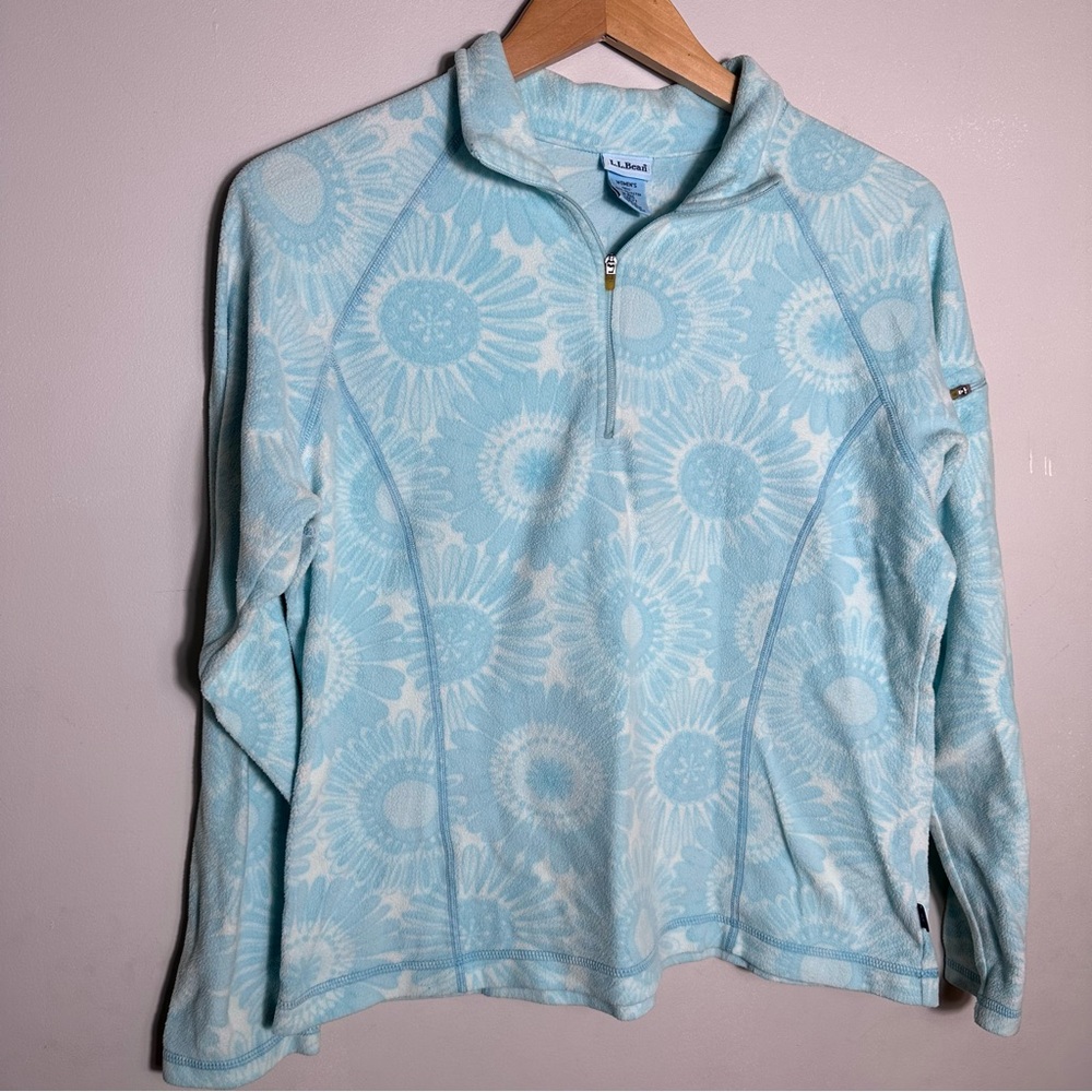 L.L. Bean Light Blue Floral Quarter-Zip Fleece Pullover